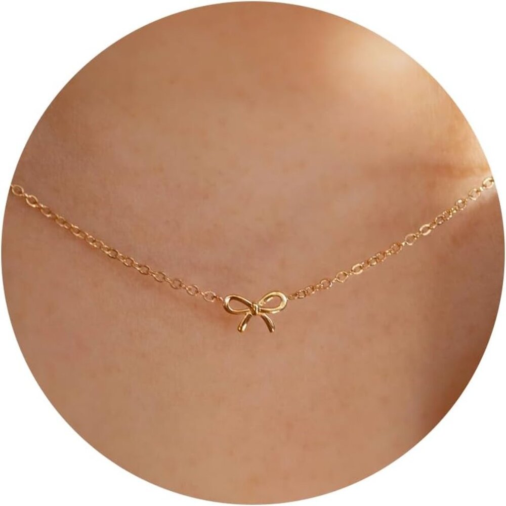 Gold Necklace for Women Dainty Bow Necklaces 14K Rose Gold Cute Tiny Jewelry Tre